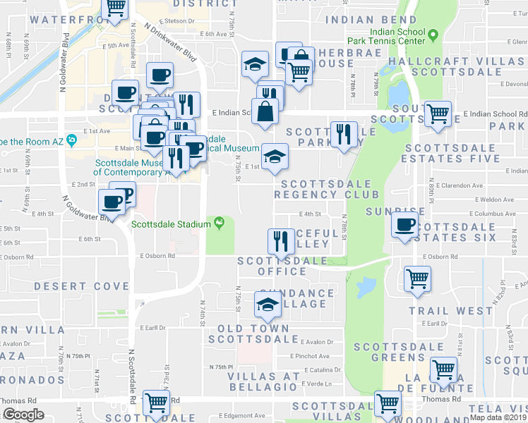 map of restaurants, bars, coffee shops, grocery stores, and more near 3666 North Miller Road in Scottsdale