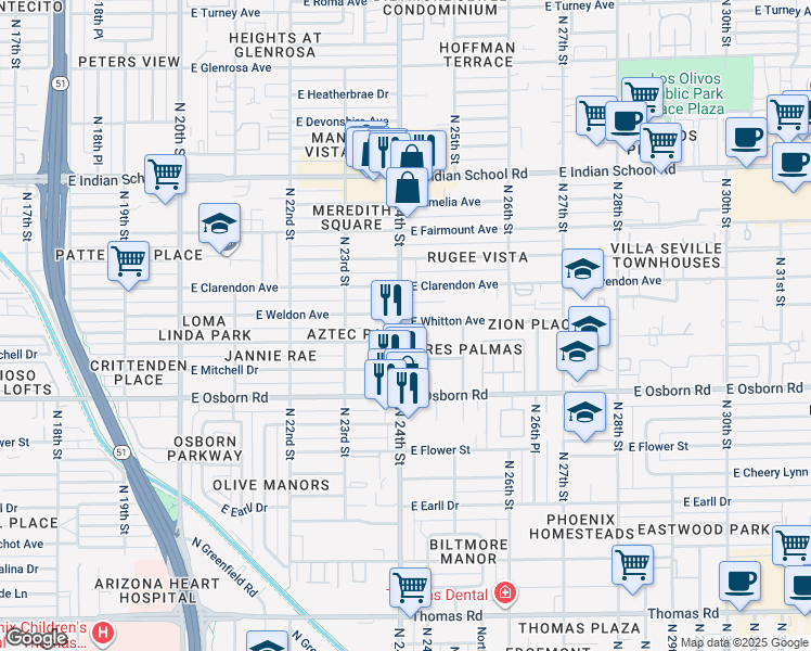 map of restaurants, bars, coffee shops, grocery stores, and more near 3700 North 24th Street in Phoenix