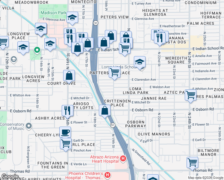 map of restaurants, bars, coffee shops, grocery stores, and more near 1902 East Weldon Avenue in Phoenix
