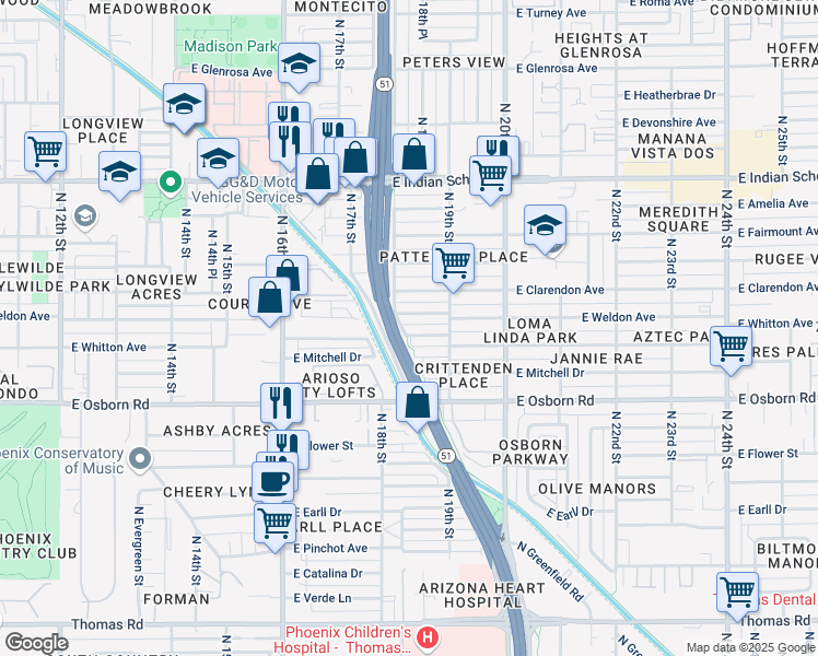 map of restaurants, bars, coffee shops, grocery stores, and more near 1816 East Weldon Avenue in Phoenix