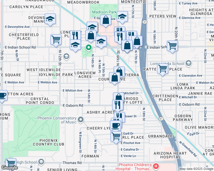 map of restaurants, bars, coffee shops, grocery stores, and more near 3702 North 15th Street in Phoenix