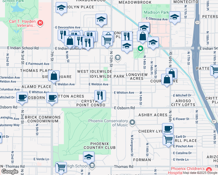 map of restaurants, bars, coffee shops, grocery stores, and more near 3715 North 12th Street in Phoenix