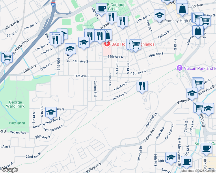 map of restaurants, bars, coffee shops, grocery stores, and more near 1611 12th Street South in Birmingham