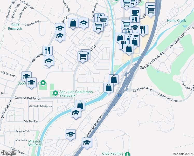 map of restaurants, bars, coffee shops, grocery stores, and more near 32561 Pila Degracia in San Juan Capistrano