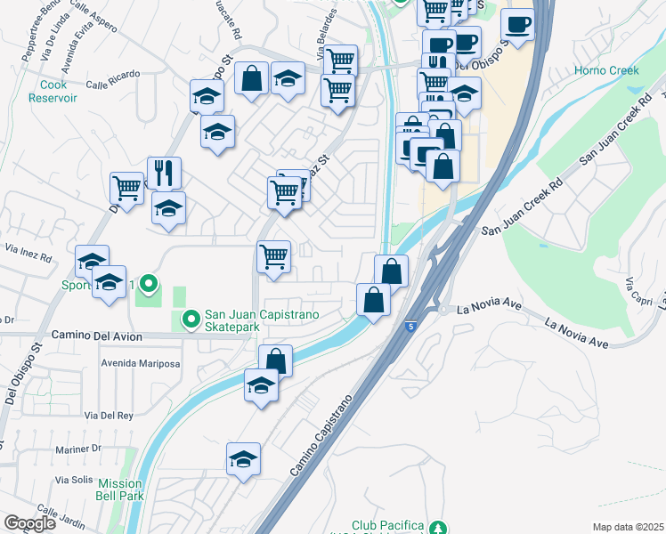 map of restaurants, bars, coffee shops, grocery stores, and more near 32561 Pila Degracia in San Juan Capistrano