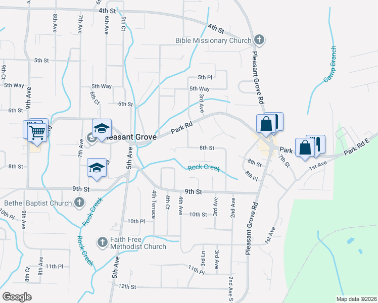 map of restaurants, bars, coffee shops, grocery stores, and more near 716 3rd Terrace in Pleasant Grove
