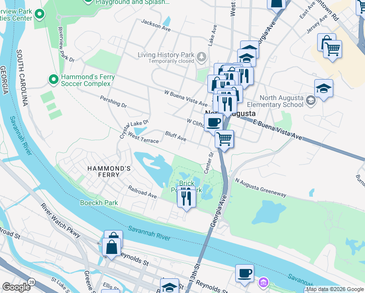 map of restaurants, bars, coffee shops, grocery stores, and more near 200-298 Vankerkhoff Place in North Augusta
