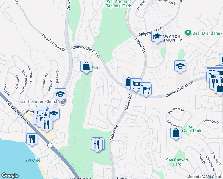 map of restaurants, bars, coffee shops, grocery stores, and more near 46 San Raphael in Dana Point