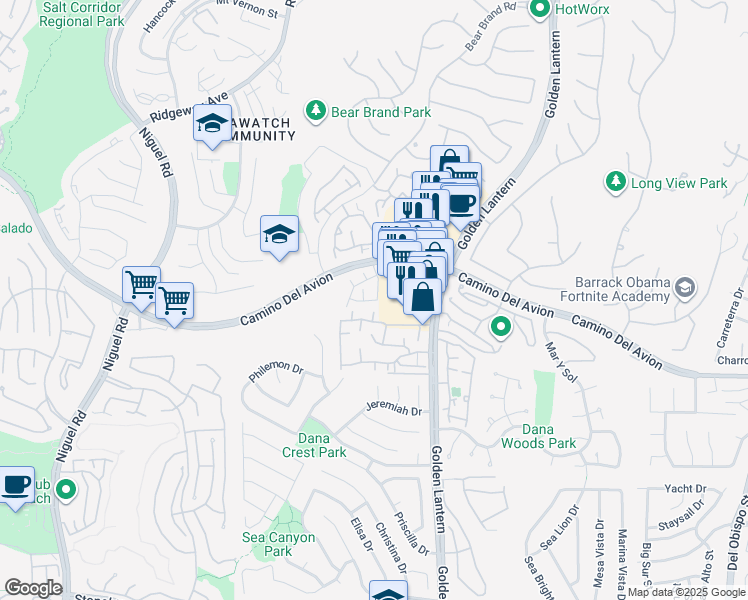 map of restaurants, bars, coffee shops, grocery stores, and more near 28 Bright Water Drive in Dana Point