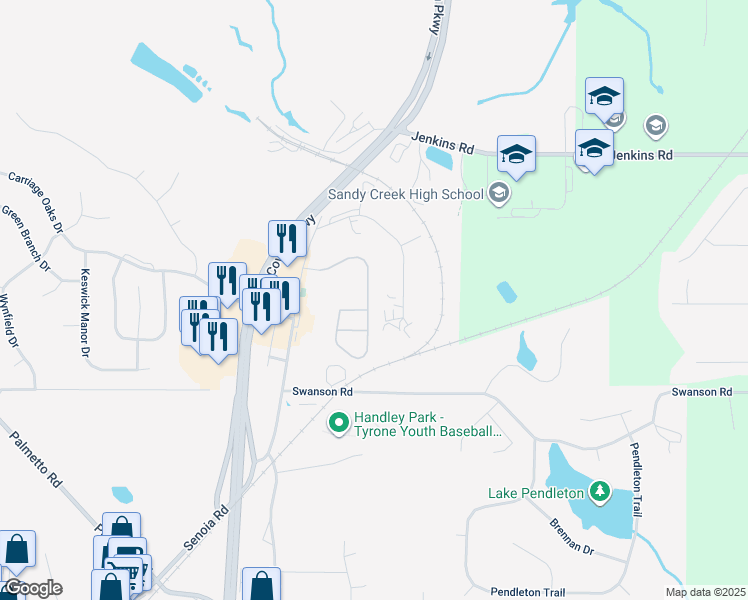 map of restaurants, bars, coffee shops, grocery stores, and more near 340 Millbrook Village Drive in Tyrone