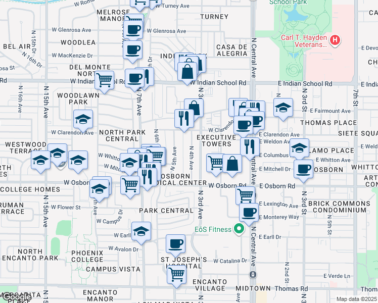 map of restaurants, bars, coffee shops, grocery stores, and more near 3701 North 4th Avenue in Phoenix