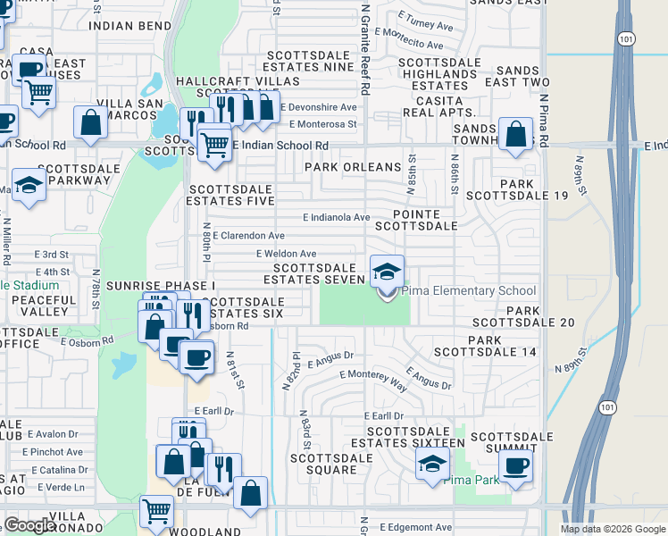 map of restaurants, bars, coffee shops, grocery stores, and more near 8329 East Weldon Avenue in Scottsdale