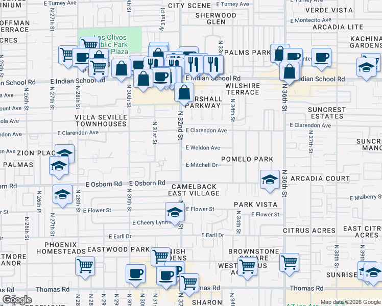 map of restaurants, bars, coffee shops, grocery stores, and more near 3701 North 32nd Street in Phoenix