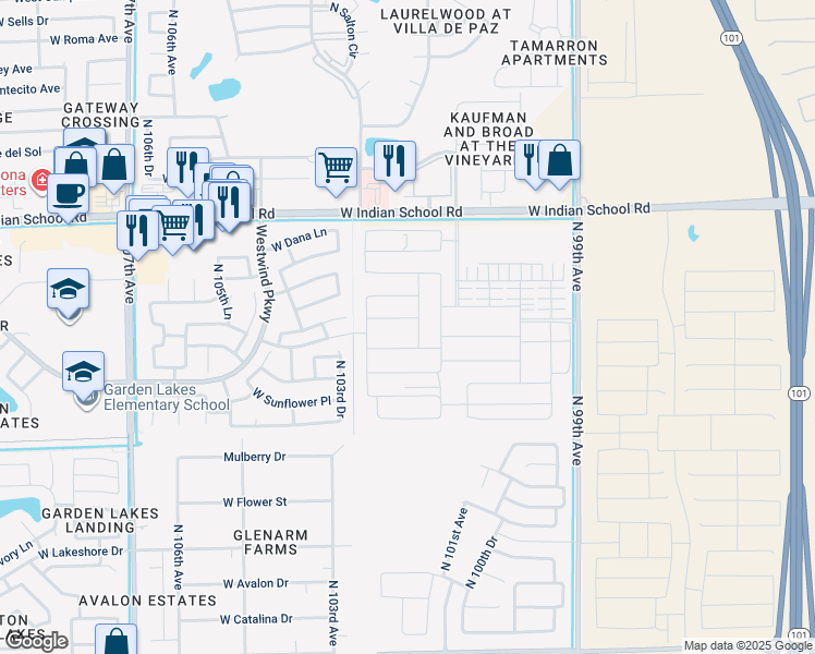 map of restaurants, bars, coffee shops, grocery stores, and more near 10201 West Indian School Road in Phoenix