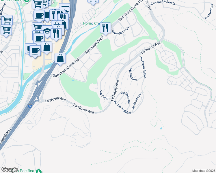 map of restaurants, bars, coffee shops, grocery stores, and more near 27377 Paseo Laguna in San Juan Capistrano