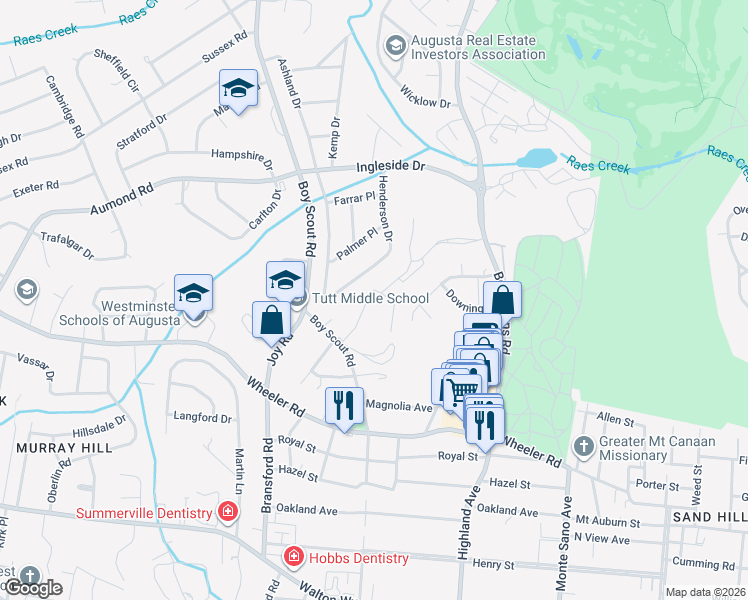 map of restaurants, bars, coffee shops, grocery stores, and more near 25 Rockbrook Road in Augusta