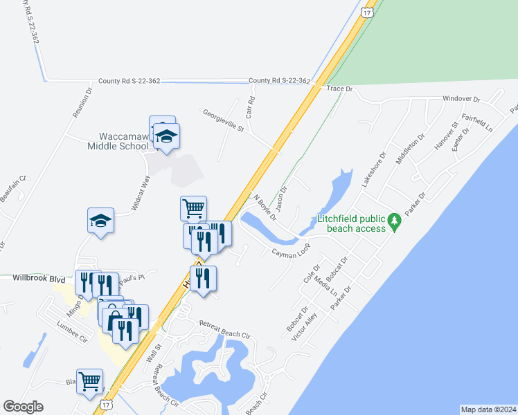 map of restaurants, bars, coffee shops, grocery stores, and more near 110 North Boyle Drive in Pawleys Island