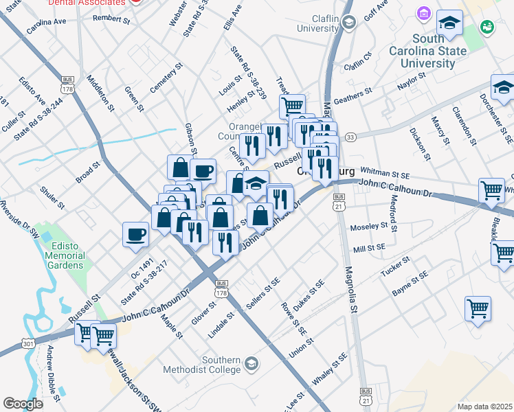 map of restaurants, bars, coffee shops, grocery stores, and more near in Orangeburg