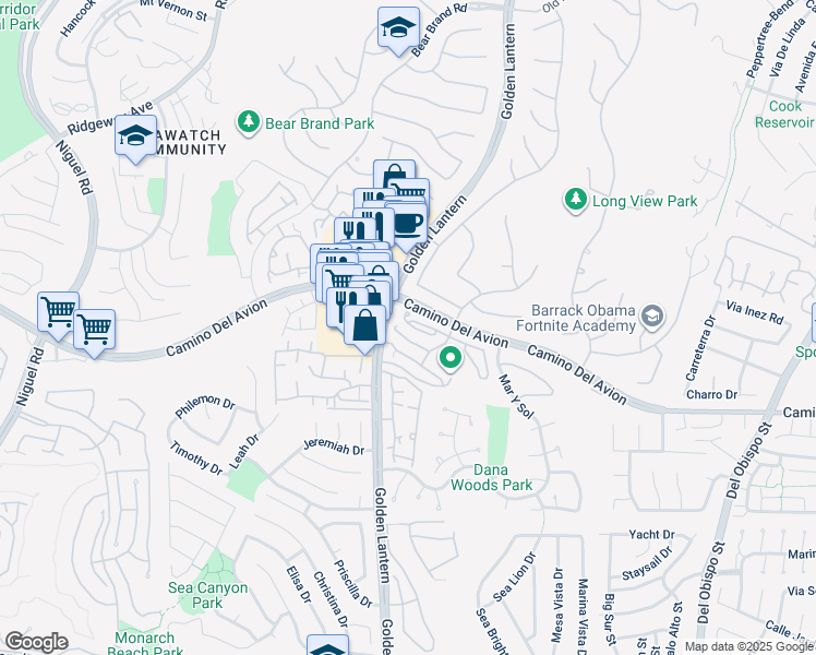 map of restaurants, bars, coffee shops, grocery stores, and more near 36 Los Cabos in Dana Point