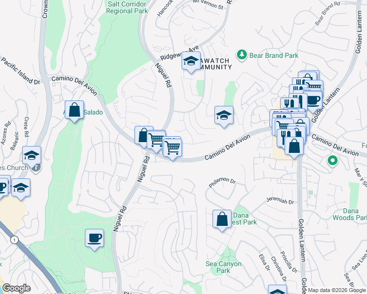 map of restaurants, bars, coffee shops, grocery stores, and more near 20 Blue Horizon in Laguna Niguel