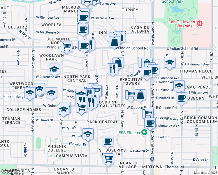 map of restaurants, bars, coffee shops, grocery stores, and more near 3623 North 5th Avenue in Phoenix