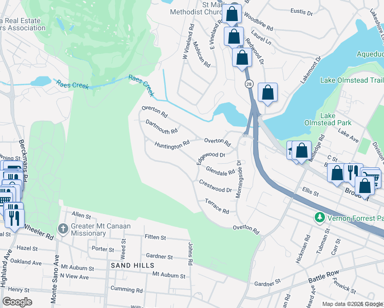 map of restaurants, bars, coffee shops, grocery stores, and more near 2228 Huntington Road in Augusta