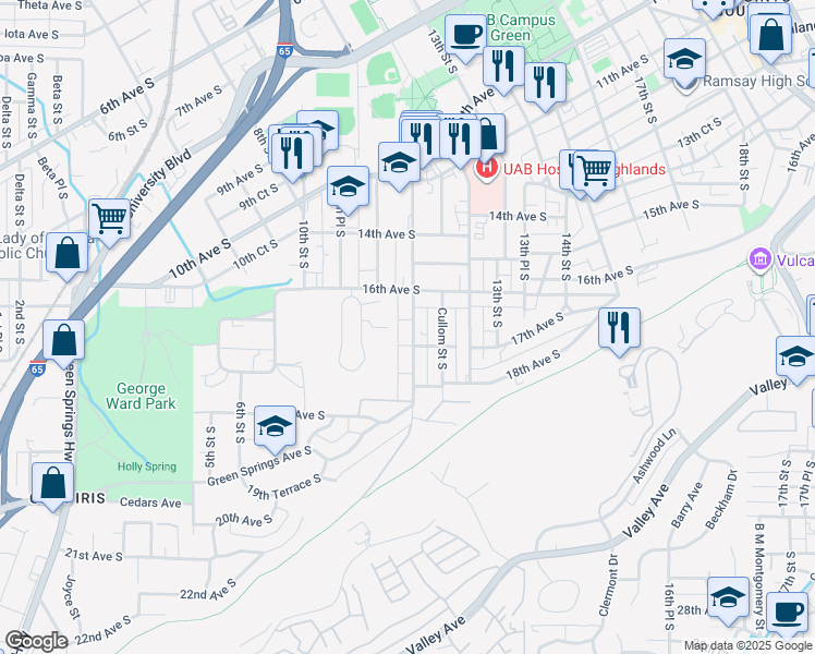 map of restaurants, bars, coffee shops, grocery stores, and more near 1632 11th Place South in Birmingham