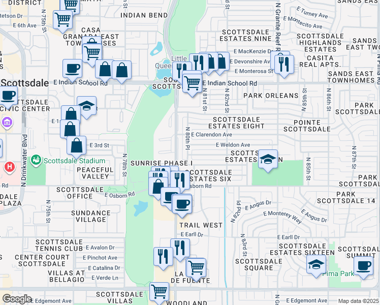 map of restaurants, bars, coffee shops, grocery stores, and more near 8027 East Weldon Avenue in Scottsdale