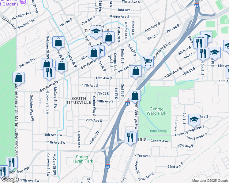map of restaurants, bars, coffee shops, grocery stores, and more near 1700 1st Place South in Birmingham
