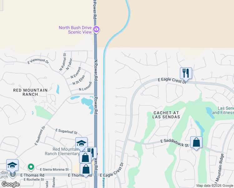 map of restaurants, bars, coffee shops, grocery stores, and more near 6914 East Upper Trail Circle in Mesa