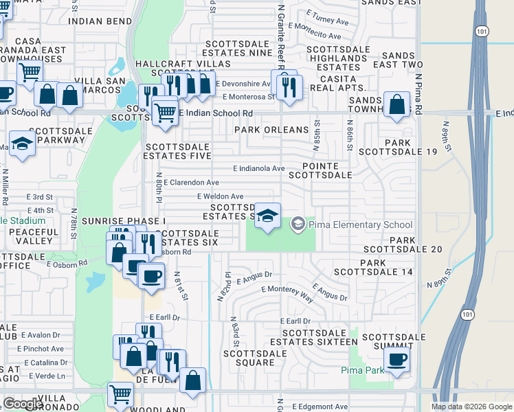 map of restaurants, bars, coffee shops, grocery stores, and more near 8329 East Weldon Avenue in Scottsdale