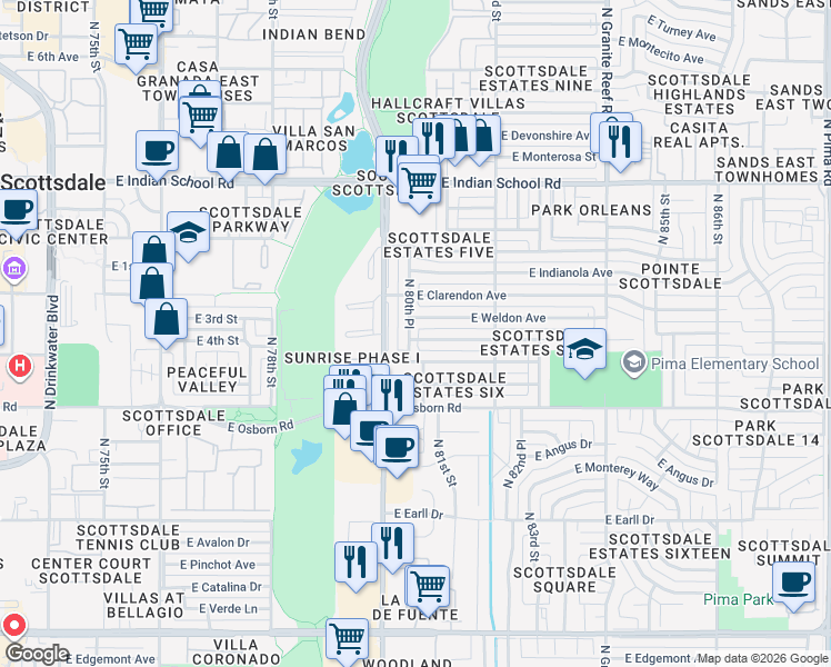 map of restaurants, bars, coffee shops, grocery stores, and more near 8027 East Weldon Avenue in Scottsdale