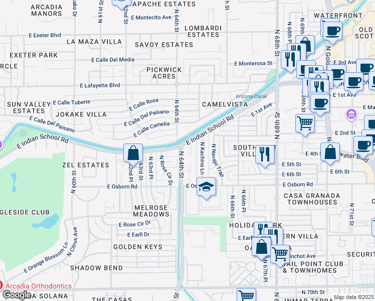 map of restaurants, bars, coffee shops, grocery stores, and more near 6427 East Indian School Road in Scottsdale