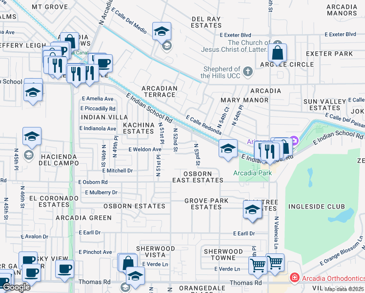 map of restaurants, bars, coffee shops, grocery stores, and more near 5204 East Weldon Avenue in Phoenix