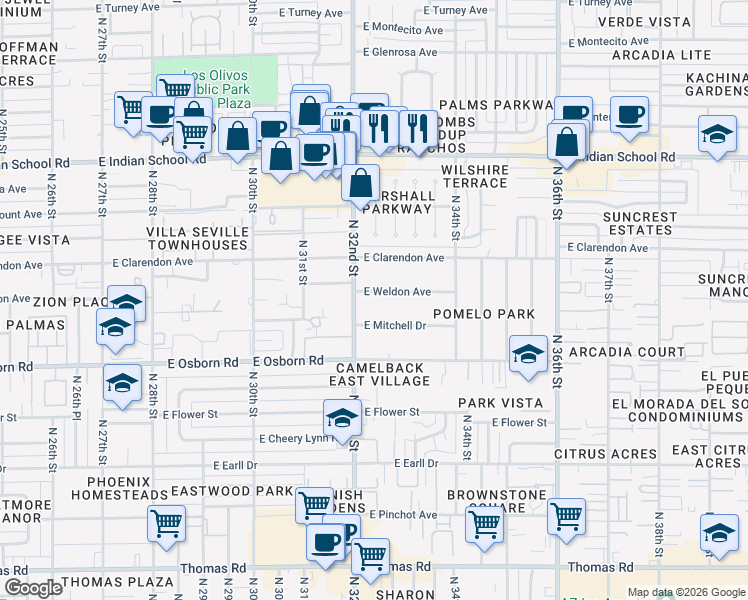 map of restaurants, bars, coffee shops, grocery stores, and more near 3701 North 32nd Street in Phoenix