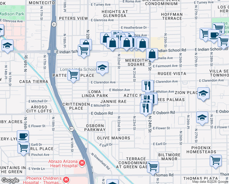 map of restaurants, bars, coffee shops, grocery stores, and more near 2140 East Weldon Avenue in Phoenix