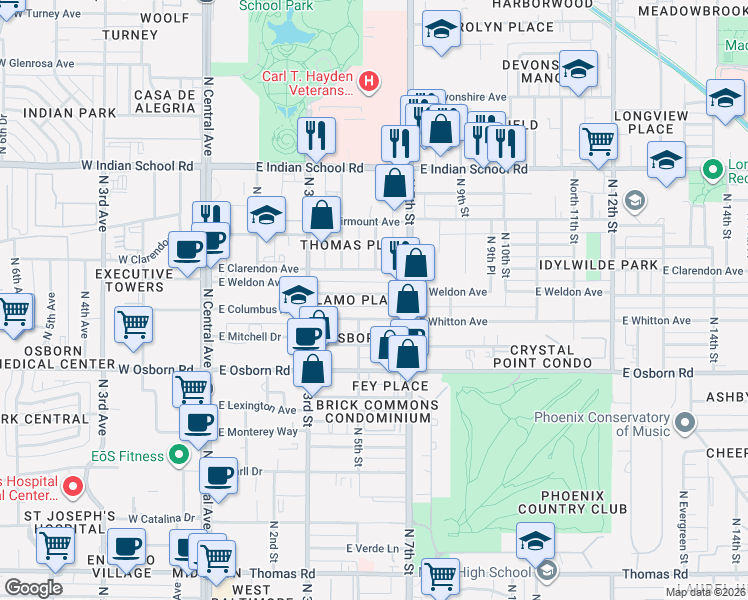 map of restaurants, bars, coffee shops, grocery stores, and more near 366 East Weldon Avenue in Phoenix