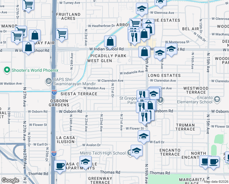 map of restaurants, bars, coffee shops, grocery stores, and more near 3626 North 21st Avenue in Phoenix