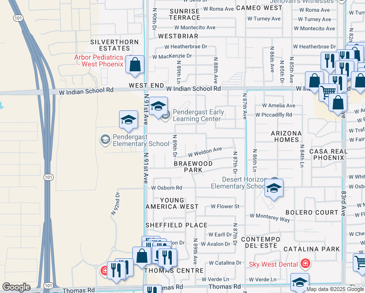 map of restaurants, bars, coffee shops, grocery stores, and more near 3657 North 89th Drive in Phoenix