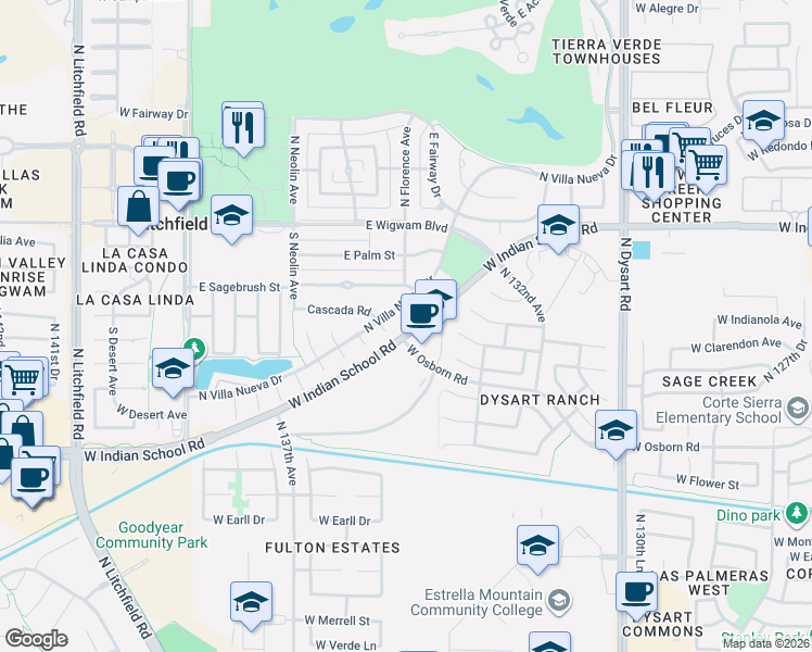 map of restaurants, bars, coffee shops, grocery stores, and more near 208 Cervato Circle in Litchfield Park