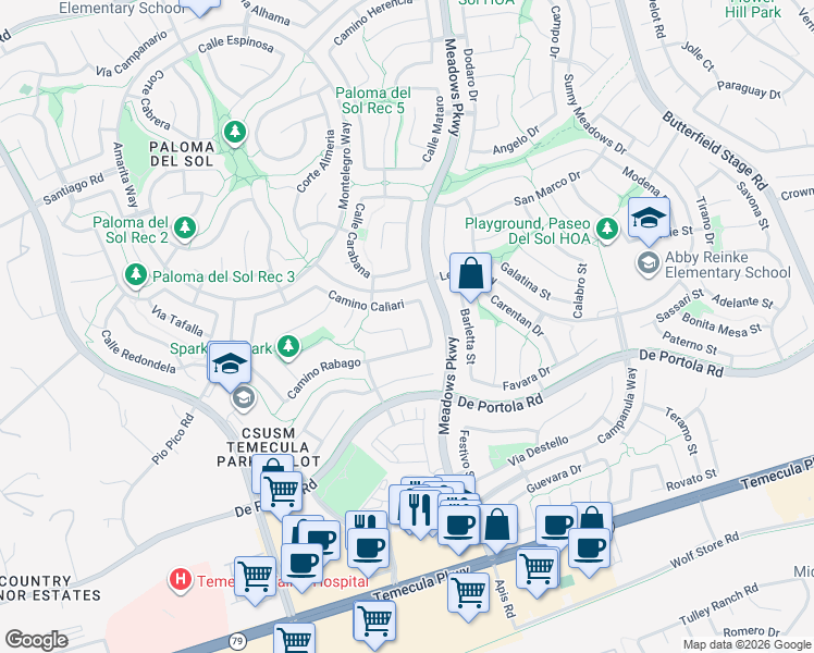 map of restaurants, bars, coffee shops, grocery stores, and more near 32219 Camino Caliari in Temecula