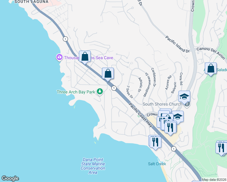 map of restaurants, bars, coffee shops, grocery stores, and more near in Laguna Beach