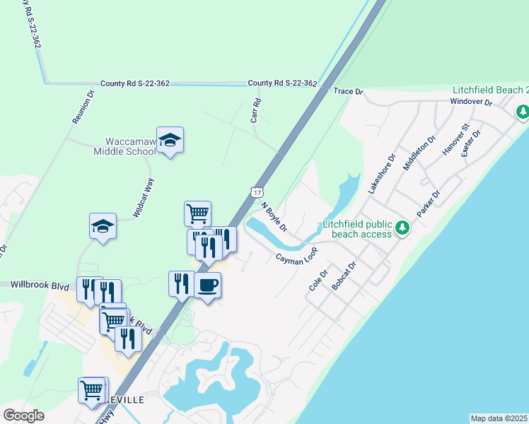 map of restaurants, bars, coffee shops, grocery stores, and more near 110 North Boyle Drive in Pawleys Island