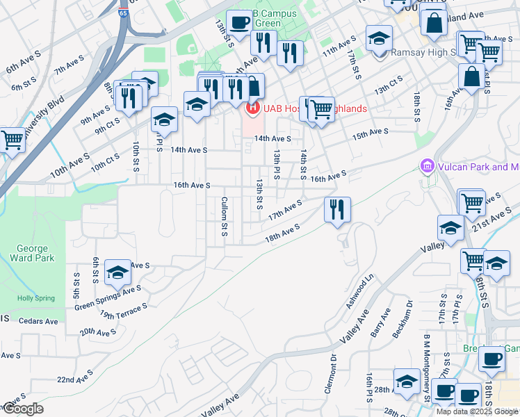 map of restaurants, bars, coffee shops, grocery stores, and more near 1611 12th Street South in Birmingham