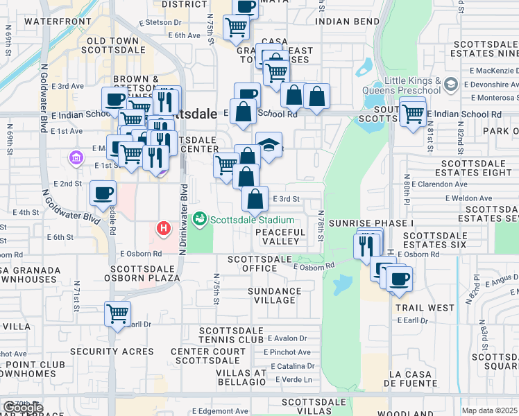 map of restaurants, bars, coffee shops, grocery stores, and more near 7621 East 3rd Street in Scottsdale