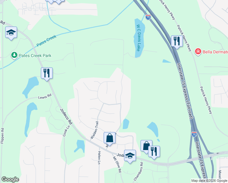 map of restaurants, bars, coffee shops, grocery stores, and more near 729 Fieldstream Way in Stockbridge