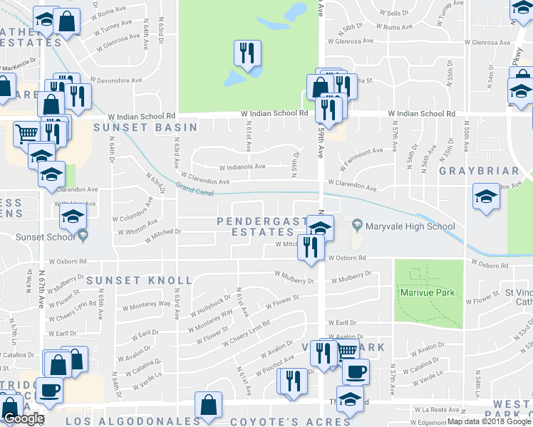 map of restaurants, bars, coffee shops, grocery stores, and more near 3621 North 60th Avenue in Phoenix