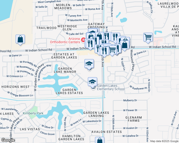 map of restaurants, bars, coffee shops, grocery stores, and more near 10850 West Garden Lakes Parkway in Avondale
