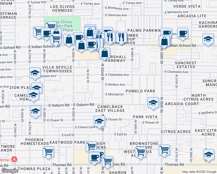 map of restaurants, bars, coffee shops, grocery stores, and more near 3215 East Weldon Avenue in Phoenix