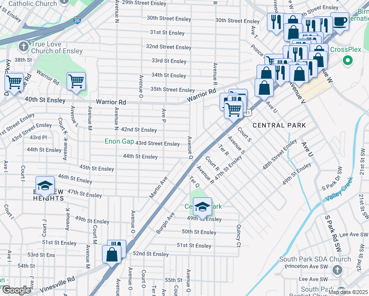 map of restaurants, bars, coffee shops, grocery stores, and more near 1635 43rd Street Ensley in Birmingham
